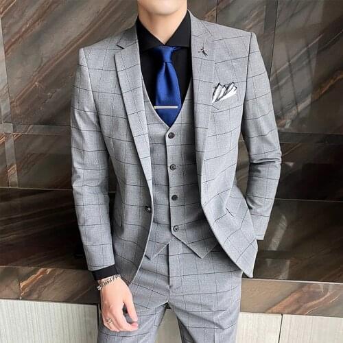 Jackets+Vest+Pants) 2021 Male autumn slim fit business plaid Blazers/Men High-grade pure cotton leisure dress suit/Man 3 Pcs