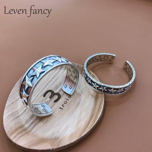 Motivational Encouragement Vintage 925 Sterling Silver Star Cuff Bangle for Women Friend Gifts Ideas Female Personalized Jewelry