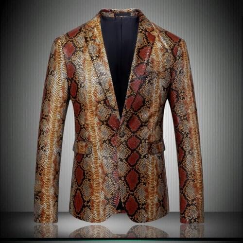 Button Single Mens Blazer 2020 England Designer Crocodile Snake Pattern Gold Men Dress Jacket Slim Fit Party Wear 8806