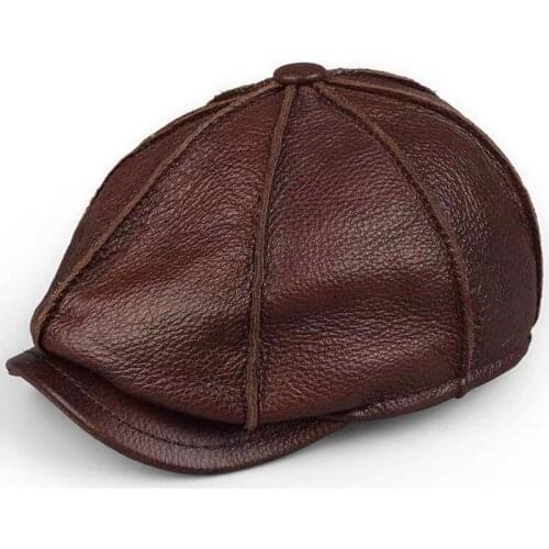 Retro Octagonal Genuine Leather Hat Autumn Mens Cowhide Leather Beret Elegant Fashion Student Tongue Cap Snapback Caps For Men