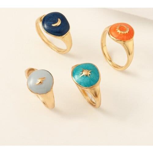 New Arrival Ins Rings for Women Sky Is Blue Stars Blue Moon Orange Sun Gray Lightning Alloy Ring Jewelry for Girls