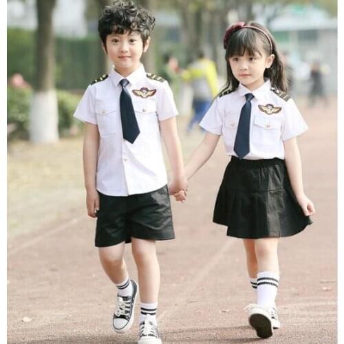 Newest 2019 Children Air Force Clothing Pilot Uniforms Kids Airline Costumes Stewardess Flight Service Cosplay Performance Set