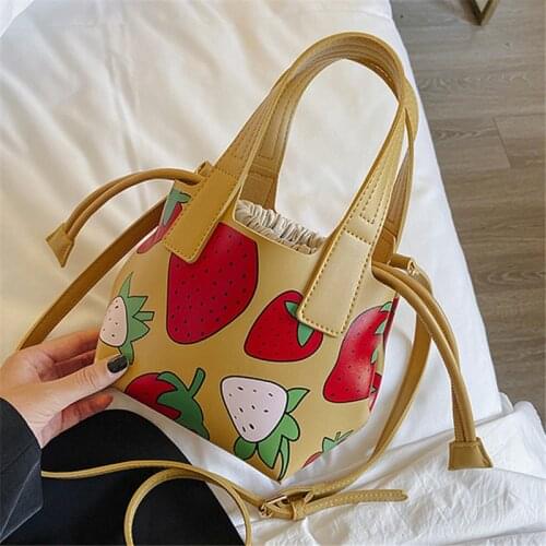 New Strawberry Print Pu Leather Female Shoulder Bags Womens Fashion 2-piece Drawstring Crossbody Bags Luxury Ladies Handbag