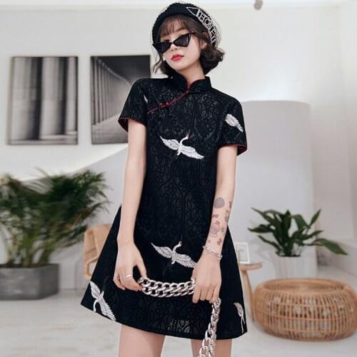Loose Moden Young Women Qipao Retro Chinese Style Straight Cheongsam Summer Ladies Stand Collar Vintage Print Qipao Dress 30972