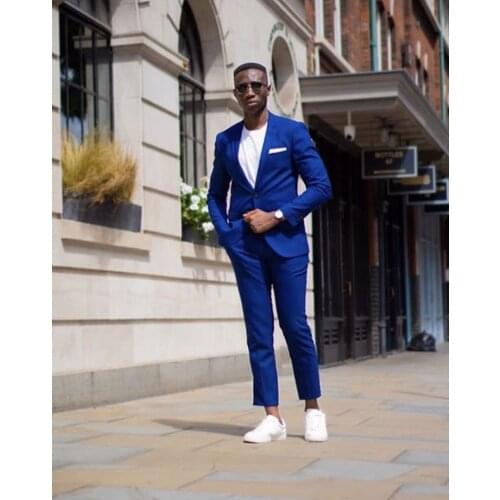 Casual Royal Blue Costume Homme Mens Suits Slim Fit Groom Prom Tuxedos Groomsmen Best Man Blazer For Wedding (Jacket+Pant)