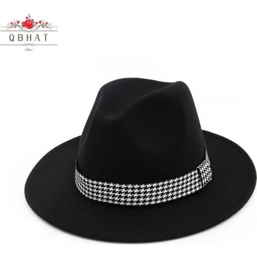 QBHAT Unisex Wool Felt Winter Bucket Womens Bowler Jazz Fedora Hats Ribbon Decorated Flat Brim Panama Trilby Derby Gambler Hat