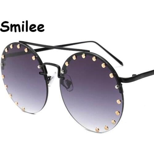 Alloy Rivet Round Gradient Sun Glasses Women 2020 Luxury Designer Oversized Sunglasses For Ladies Rimless Vintage Shades Mirror