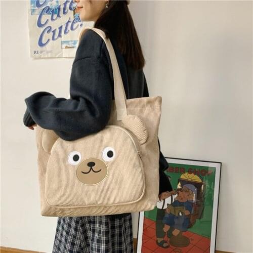 Bags For Women 2020 New Corduroy Shoulder Bag Ladies Tote Bag Large Foldable Shopping Bags Cute Bear Embroidery Female Handbag