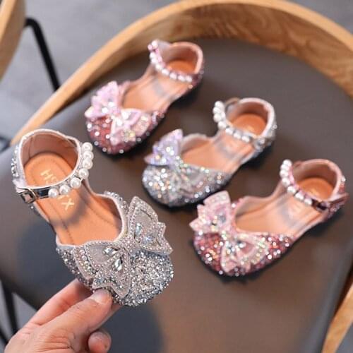 Spring Summer Girls Shoes Rhinestone Princess Shoes Butterfly Knot Sandals Kids Party Dance Pearls Ankle Strap Leather Shoes