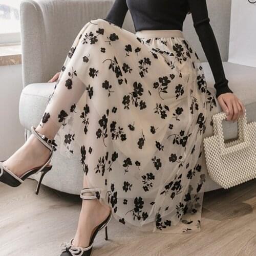 2021 Spring Flower Lace Skrit Women High Waist Mesh Long Skrit Female Elegant Sweet Cute Midi Skirt Female Clothes