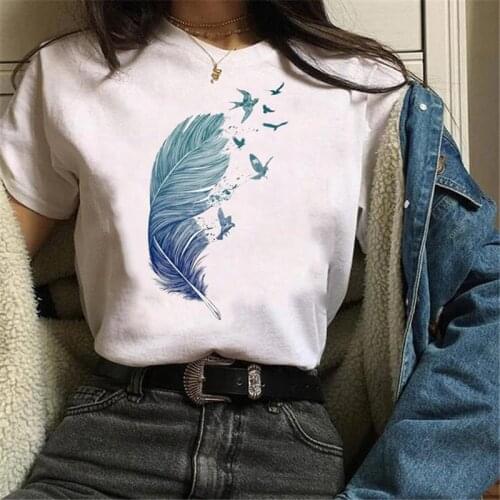 Maycaur Feather Bird Printed T-shirts Women Clothes Summer Tshirts Women Cartoon Graphic Tee Shirt Femme Tops Shirts Ropa Mujer