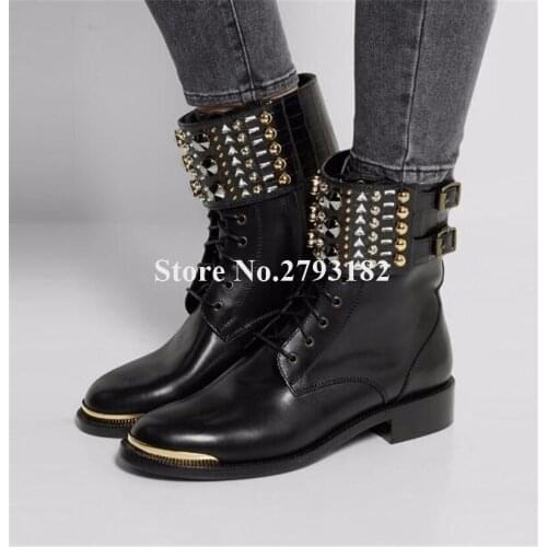 Autumn Women Fashion Round Metal Toe Flat Rivet Short Boots Lace-up Buckles Ankle Wrap Spike Black Ankle Booties Motorcycle Boot
