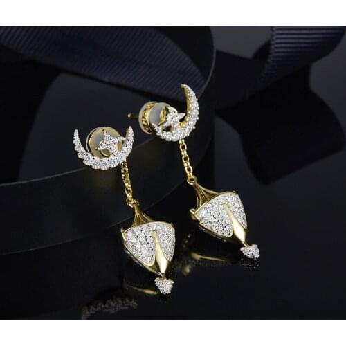 High Quality 925 Sterling Silver Cubic Zirconia CZ Gold Color Moon Star Lantern Drop Earrings Women Egyptian Fine Jewellery