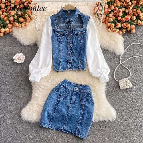 Autumn Womens Korean Suit Single Breasted Patchwork Jacket Coats + High Waist Pack Hip Mini Skirt Women 2pcs Fashion Denim Suit