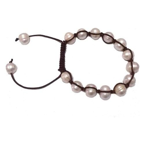 7.5 inches Brown Thread Adjustable Braided 9-10mm Natural White Pearl Bracelet For Women