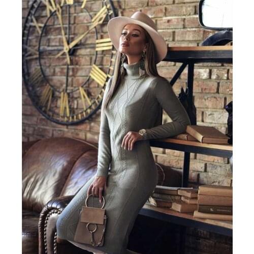 Women Dress Rushed 2018 Winter New Woman Knit Dress Temperament High Collar Slim Long Section Waist Sleeve Warm Cashmere Female