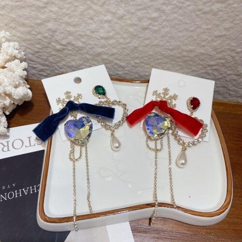 Winter Fashion Flocking Bowknot Drop Earrings For Women Girls Crystal Snowflake Heart Pendientes Christmas Jewelry