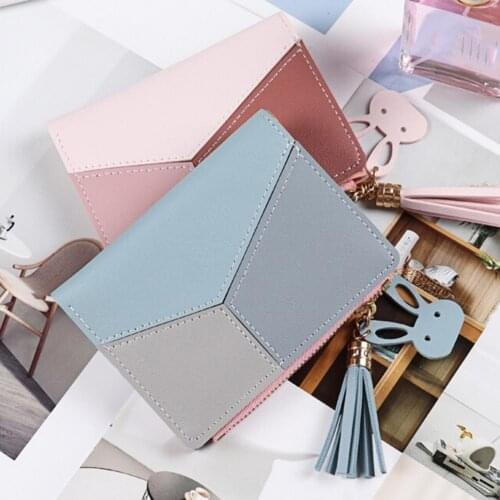 2021 Zipper Closure Compartment Faux Leather Tassel Color Block Card Holder Short Wallet for Shopping Travel Dating Vacation