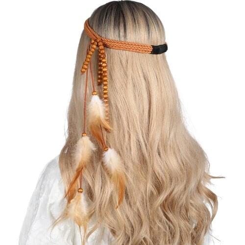 AWAYTR Fashion 1 Pc Bohemian Indian Feather Headband Headdress Hair Rope Headbands Headwear Tribal Hippie Party Hair Accessories