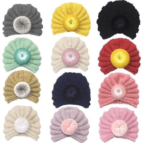 Baby Kniited Indian Beanies with Vevlet Donut Ball Newborn Knit Rib Knotted Hat Girls Crochet Turban Headwear