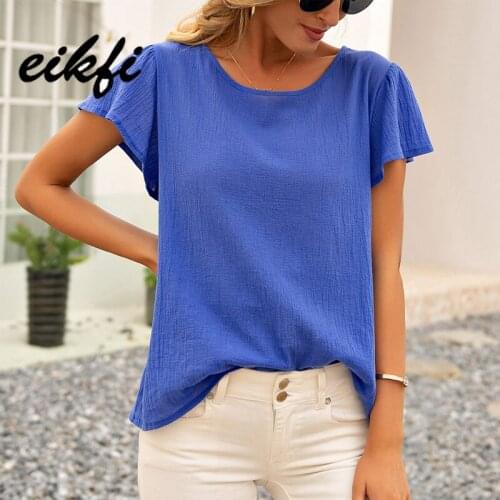EIKFI Back Bandage Solid Women T-shirts Summer Ladies Round Neck Short Sleeve Backless Casual Loose Black Blue Tops and Shirts