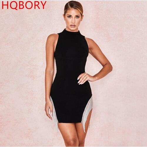 HQBORY Black White Crystal Trim Slit Bandage Party Dress 2019 Newest Arrival Sexy Sleeveless Clubware Bodycon Mini Dress