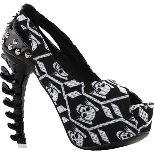 LF80691 SHOW STORY Punk Skull Pattern Gladiator Studs Two Tone Platform Bone Heels Club Pumps