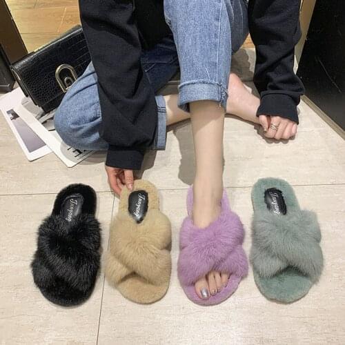 Candy Color Rabbit Fur House Slippers Women Winter Soft Furry Plush Shoes Indoor Warm Non-slip Comfort Ladies Home Flat Slides