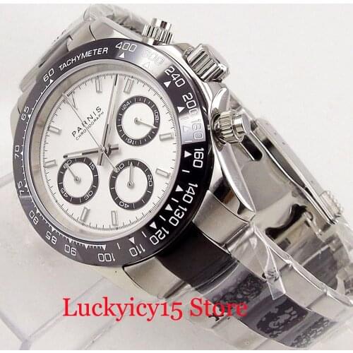 Quartz Mens Watch 39mm PARNIS Brand Fashion Chronograph Function Mental Strap