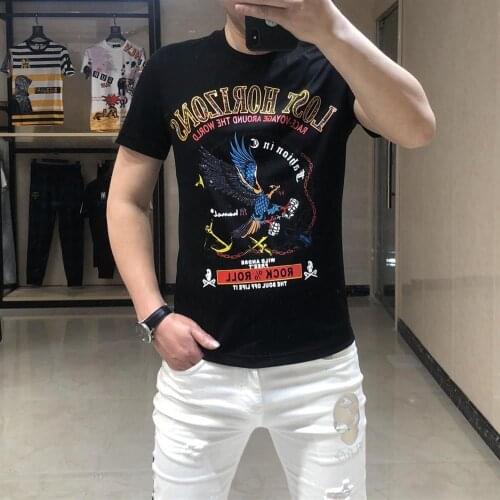 2021 NEW England Style Fancy Tshirt Man Diamond Print Short Sleeve T-shirt Mens fashion Summer Rhinestone eagle Design T Shirts