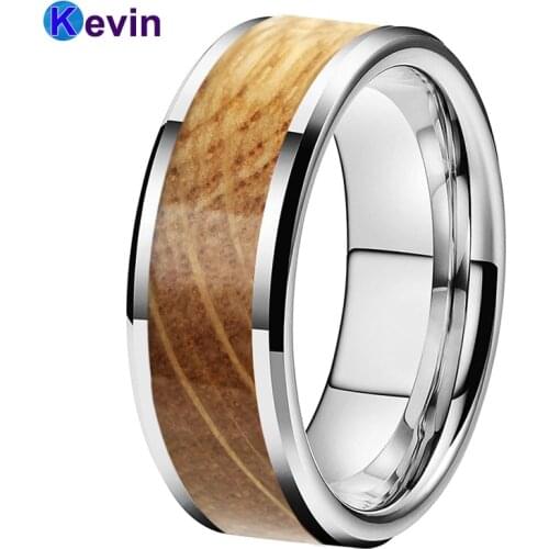 6MM 8MM Tungsten Carbide Rings for Men Women Engagement Wedding Bands Real Whiskey Barrel Oak Wood inlay Beveled Edges Polished