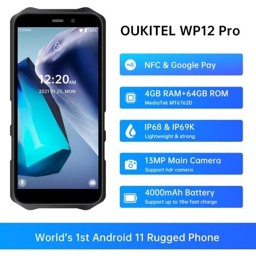 Oukitel WP12 Pro IP68/IP69K Rugged Smartphone NFC 4GB+64GB 5.55" HD+ 4000mAh Quad Core Android11 Mobile Phone 13MP Cell Phone