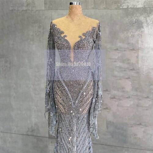 Illusion Arabic Gray V-Neck Mermaid Evening Dress Crystals Beaded Sequins Floor-Length Prom Dress Formal Dress 2020 Dubai