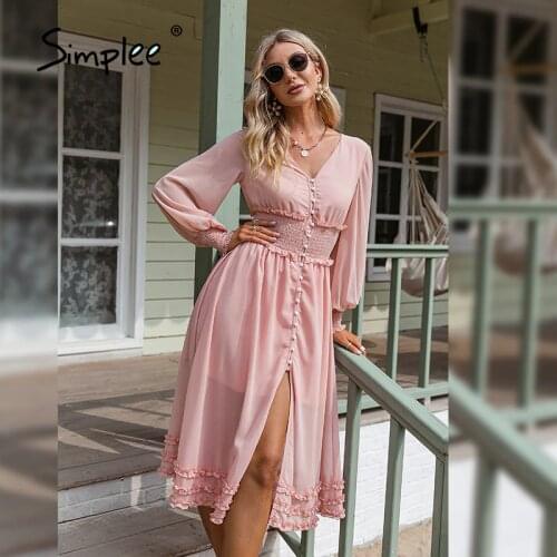 Simplee Elegant Pink V-neck Long Sleeve Dress Spring Ruffled Chiffon Women Dress 2021 Solid A-line Button Office Ladies Vestidos