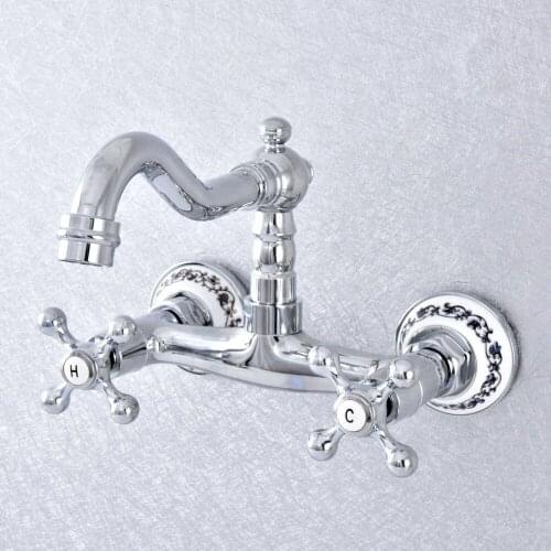 Polished Chrome Brass Double Cross Handle Swivel Bathroom Kitchen Wall Mounted Basin Sink Faucet Mixer Tapt sf786