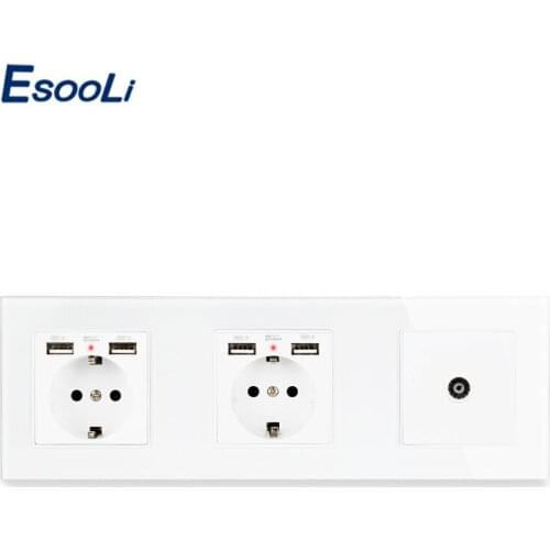 ESOOLI Crystal Tempered Glass Double EU Standard Socket with 4 USB Charging Port 1 Gang Female TV Connector Television Port
