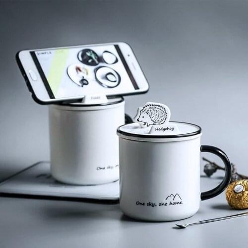 Cartoon Forest Animal Ceramic Mug with Mobile Phone Holder,with Spoon and Lid,12oz