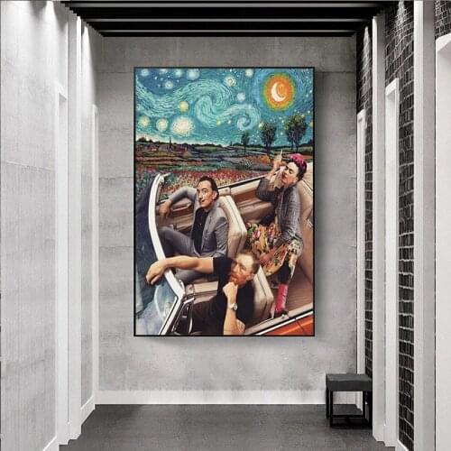 Funny Character Art Blue Starry Van Gogh Driving Posters and Prints Canvas Paintings Wall Art Pictures for Living Room Decor