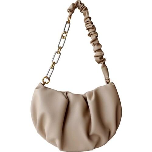 Genuine Leather Chain Shoulder Bags for Women 2021 Fashion Ruched Crossbody Bag High Quality Ladies Hobos Purses and Handbags