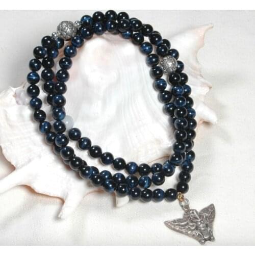 Tibetan Mala Buddhist Mala Blue Tigers Eye Stone 108 Beads Mala GARUDA pendant GURU