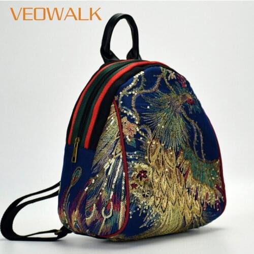 Veowalk Women Canvas Backpacks Shiny Peacock Sequins Embroidered Handmade Ladies Denim Cotton Rucksacks Woman Backpack Bag