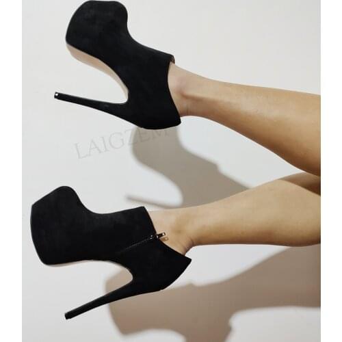 LAIGZEM Women Ankle Platform Boots Faux Suede High Heels Boots Side Zip Handmade Ladies Botas Shoes Woman Large Size 38 44 47 52