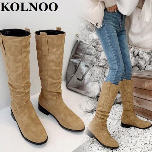 KOLNOO Newest Handmade Womens Flats Boots Pleated Pull-Up Vintages Mid-Calf Boots Evening Party Prom Winter Fashion Half Shoes