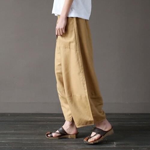 Women All match Wide Leg Cotton Linen pants Loose Trousers Plus Size Elastic Waist Solid Color Classic Big size Pants Vintage