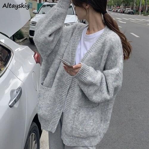 Cardigan Women Pocket Soft Minimalist All-match V-neck Soft Elegant Leisure Harajuku Ladies Ulzzang Spring Loose College Chic