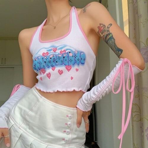 Womens Summer Top Pile of Sleeves Halter Neck Bow Top Edible Tree Fungus Print Sexy Backless SHORT Tops for Girls Streetwear