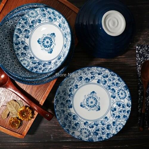 1pc Japanese Bowl Ramen Noodle Bowl Blue and White Ceramic Dinnerware Salad Rice Fruit Soup Bowl 6.5/7.5/8.5 Inch