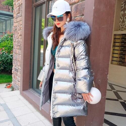 2020 new fashion Winter Women Hot silver Down Jacket Hooded Jackets long down coat Warm Slim real raccoon fur Hooded Parka Coat