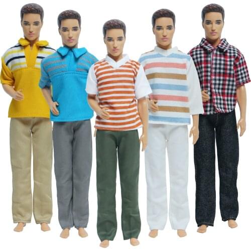 5 Pcs High Quality Mens Doll Outfits Soft Stripe T-shirt Trousers Princess Clothes for Barbie Doll Friend Kem Doll Accessories