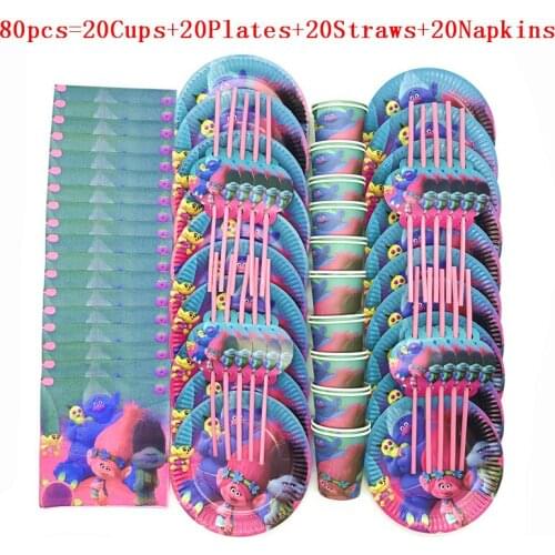 50Pcs/80pcs Disposable Cups Plate Flexible Straws Print Trolls Theme Baby Shower Kid Birthday Straws Napkin Decoration Supply